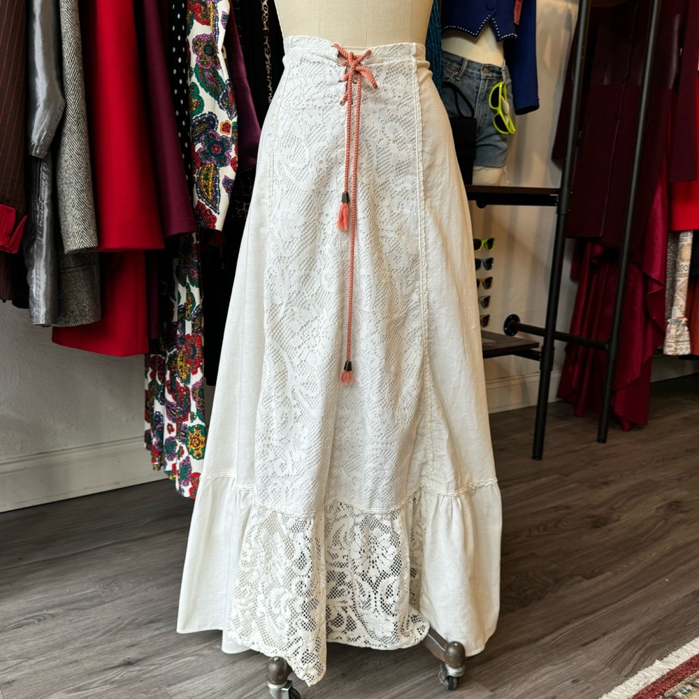 Vintage White Lace Up Skirt with Lace, Crochet, and Ruffle